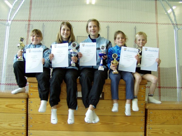 Die Tagessieger in den Klassen v.l. Melina Platt (Juti E), Kim Müller (Juti D), Alina Heupel (Juti C & Wanderpokalgewinnerin), Laura Spies (Anfängerklasse) und Robin Reinhardt (Jutu F).