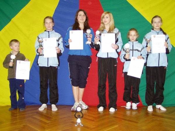 Die Trampolinabteilung des TV Gosenbach ermittelte ihre(n) Vereinsmeister(in) im Trampolinturnen. Vereinsmeisterin Katharina Hanke (3.v.l.) gewann vor Witta Blum (4.v.l.) und Alina Heupel (2.v.l.). In der Anfängerklasse siegte Robin Reinhardt (1,v.l.), Paula Dapprich (5.v.l.) war bei den Jugendturnerinnen E (Juti E) erfolgreich und Daniela Hagedorn (6.v.l.) gewann die Wertung der Juti D.        